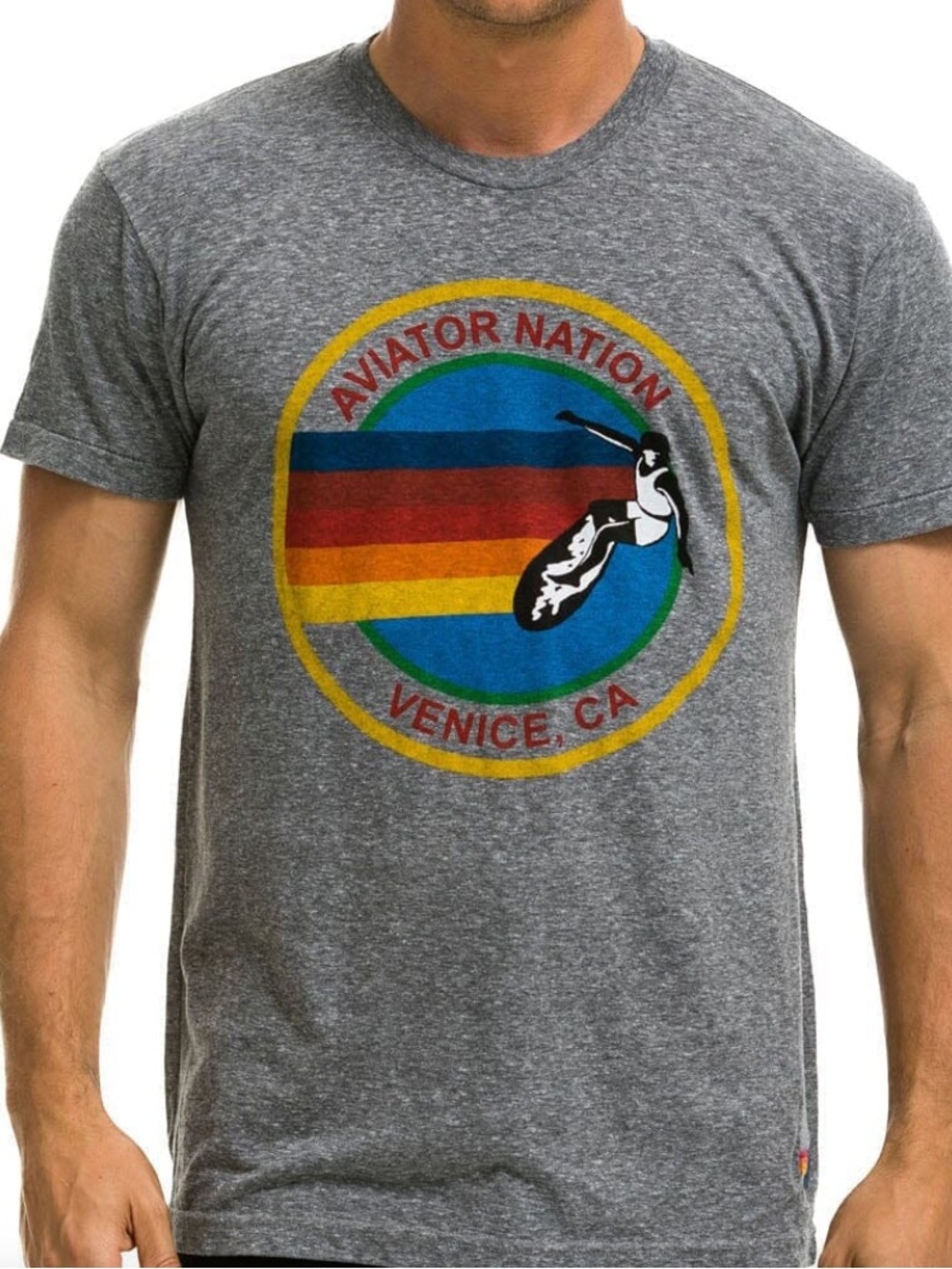 Aviator Nation - Men's Signature T-shirt, rainbow striped circle logo. Size XL